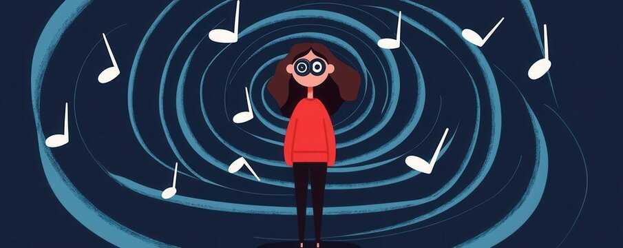 Person lost in earworm rhythm loop, music notes circling, flat design illustration
