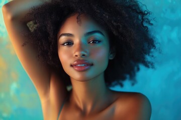 Naklejka premium Radiant beauty with curly hair against a vibrant backdrop