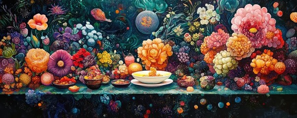 Fototapeta premium Whimsical feast in a floating garden, enchanted dishes with vibrant colors, mythical creatures sharing delicacies