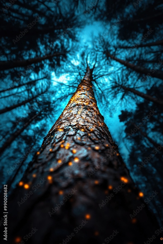 Poster low-angle view of a tree illuminated by soft moonlight in a dark forest