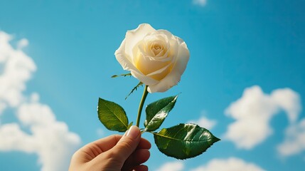 A hand holding a delicate white rose with a blue sky and clouds in the background.