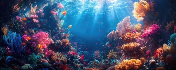 Fototapeta premium Wide-angle view of a magical underwater kingdom, vibrant coral reefs and mythical creatures intertwining, shimmering light effects