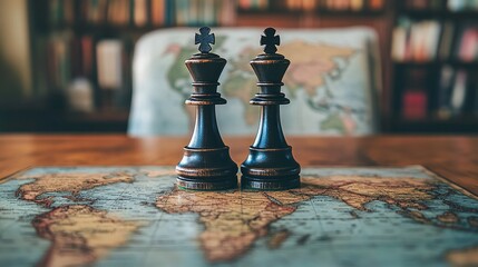 chess pieces on a world map symbolizing geopolitics, representing the discussions and movements between countries and continents in a strategic and diplomatic context