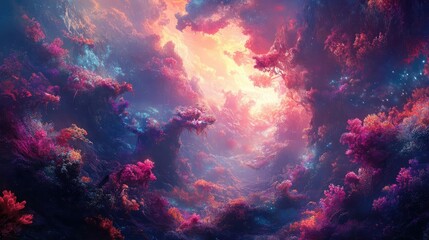 Fototapeta premium Worms-eye view, a vibrant fantasy world bursting with exotic flora, intertwining with sleek scientific structures, dreamlike landscape, dramatic lighting