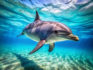 Naklejka premium Żywe delfiny pływające z gracją w czystych, błękitnych wodach oceanu uchwycone w oszałamiających szczegółach