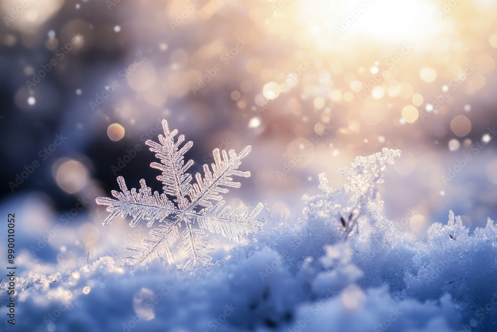 Sticker A Single Snowflake in a Snowy Landscape with Golden Bokeh