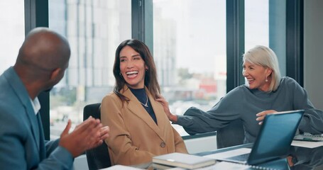 Applause, congratulations and handshake with business people in boardroom of office together. Bonus, goals and target with employee team shaking hands in corporate workplace for promotion meeting