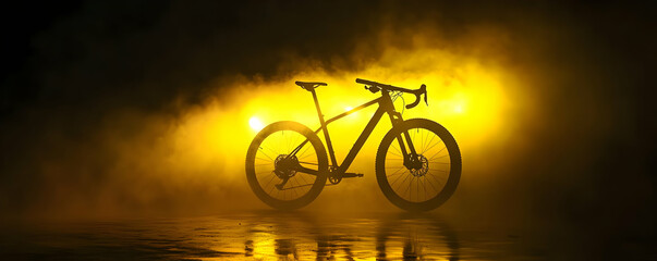 Obraz premium Silhouetted Bicycle Stands on a Reflective Surface Against a Golden Fog