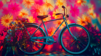 Naklejka premium Vintage Bicycle Rests Against a Vibrant Floral Backdrop