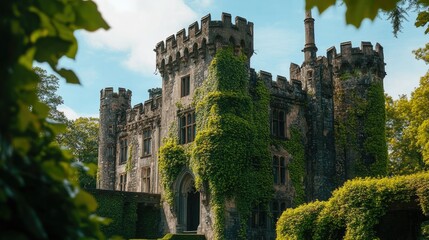 A historic castle with ivy-covered towers, evoking a fairytale-like atmosphere.