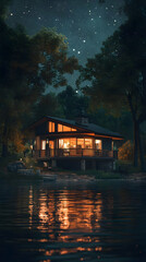 Obraz premium A Cozy Cabin Sits by a Lake Reflecting the Starry Night Sky in 3D