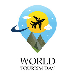 world tourism day artwork .flying airplane  and mountain .with location symbol . Illustrator Artwork