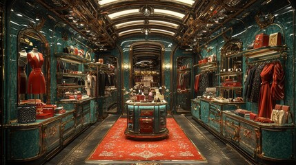 Fototapeta premium Luxury Boutique Interior with Green and Gold Decor Red Carpet and Fashion Displays