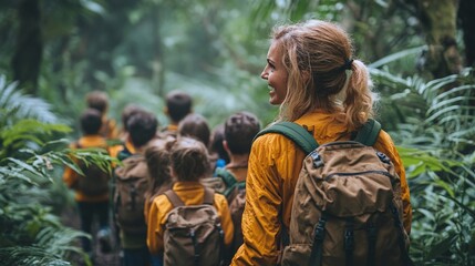 woman teacher and her students on an adventurous field trip, exploring the lush forest and engaging in nature activities, promoting curiosity and teamwork in an educational experience