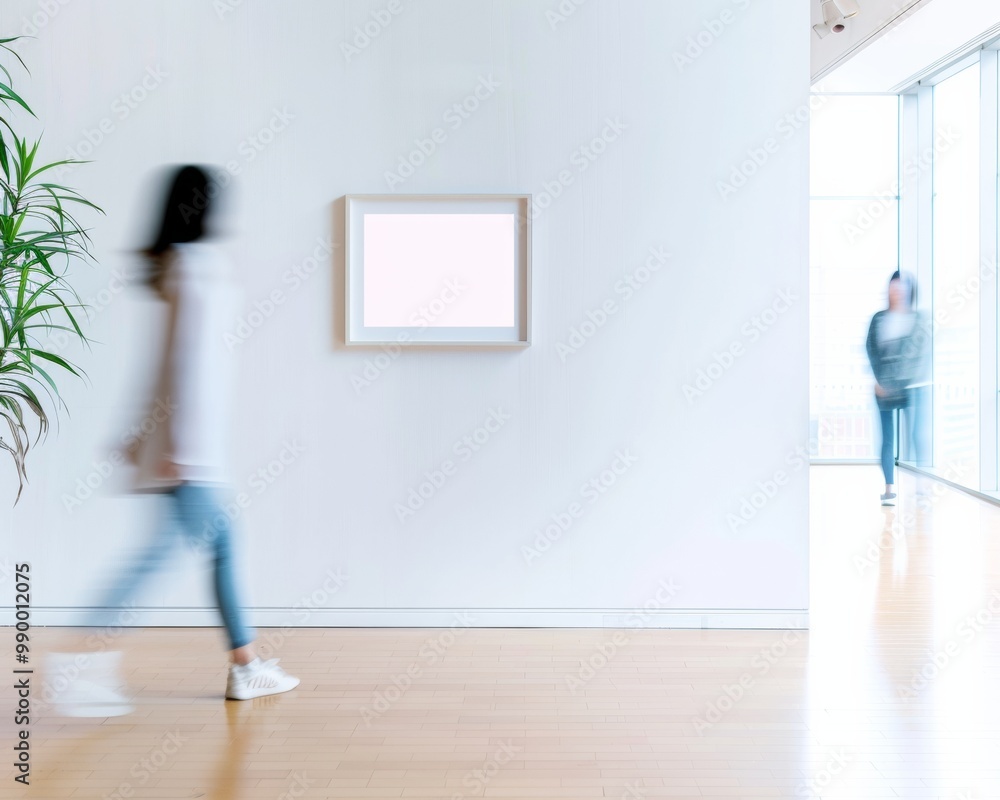 Poster minimalist indoor setting with blank frame and motion blur of people passing by - pastel color schem