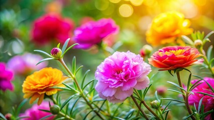 Vibrant Flowering Moss Rose Blooms in Vivid Colors Against a Soft Natural Background in Garden