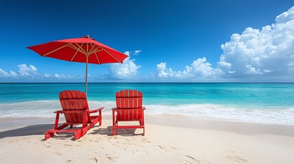 two red beach chairs and an umbrella on a pristine white sand beach, enjoying the sunny day by the ocean, showcasing the beauty of tropical leisure and coastal tranquility