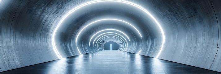 Obraz premium Futuristic Tunnel Interior with Blue Neon Lights and Polished Floor