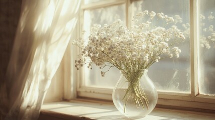 A lush bouquet of gypsophila sitting in a glass vase on a windowsill, with sunlight illuminating the delicate blooms.