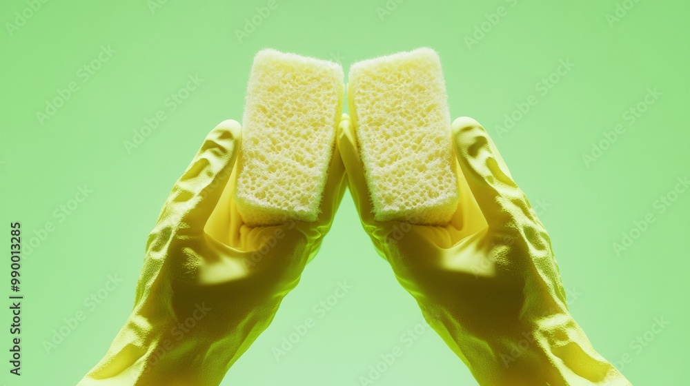 Poster symmetrical cleaning concept with yellow-green gloves and sponges in abstract blurry style, using lo