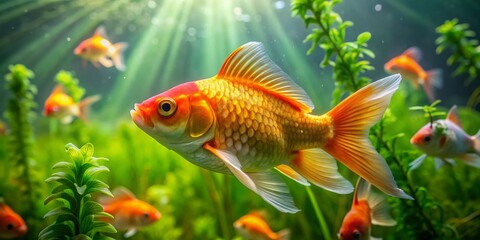 Fototapeta premium Vibrant Goldfish Carp Swimming Gracefully in a Clear Water Pond Surrounded by Green Aquatic Plants