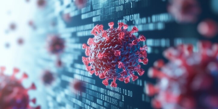 Covid-19 Virus Particles with Digital Code Highlighting Technology Impact on Society - Modern Life in the Digital Age