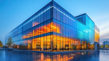 Modern glass building reflecting vibrant sunset colors.