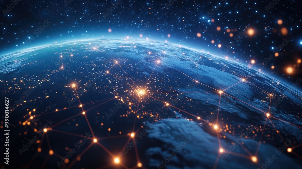 Poster a network of glowing connections spanning across a stylized planet earth, creating a digital global 