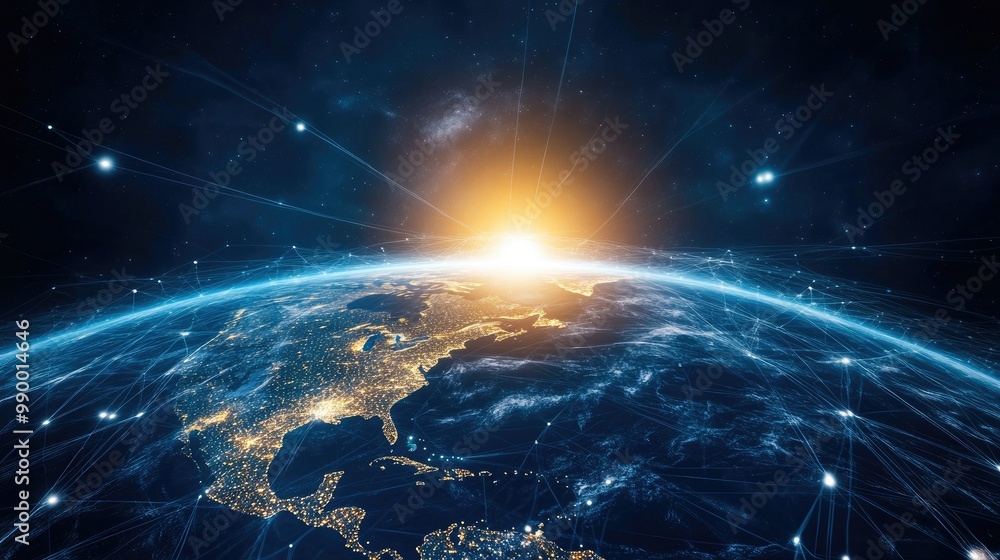 Poster a network of glowing connections spanning across a stylized planet earth, creating a digital global 