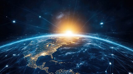 A network of glowing connections spanning across a stylized planet Earth, creating a digital global network concept.