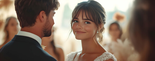Bride Smiles at Groom During Wedding Ceremony with Guests in Background