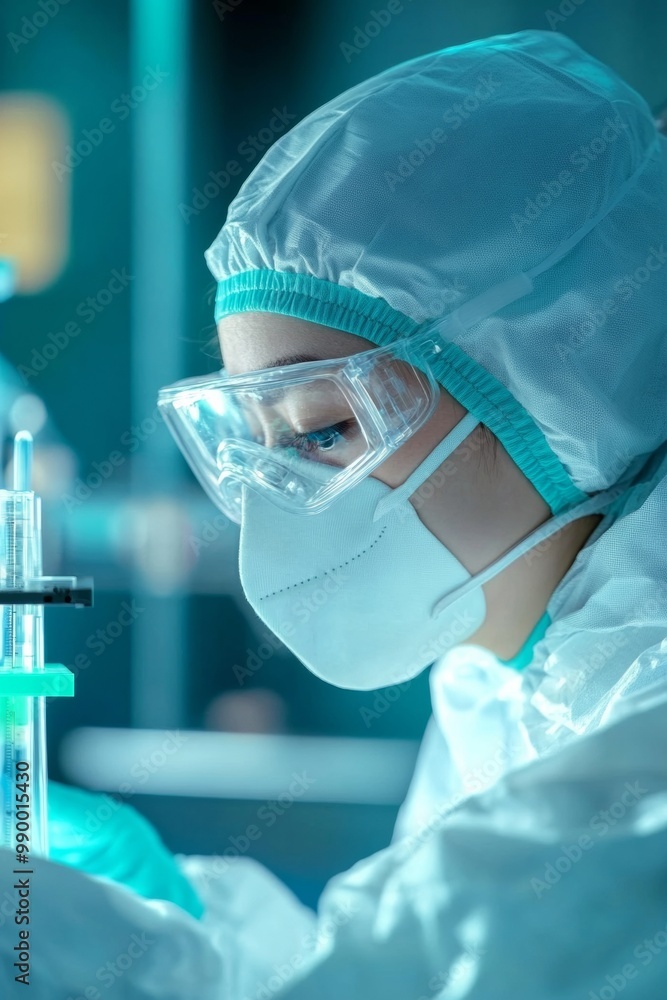 Aufkleber young asian female scientist working in a laboratory using ai for viral mutation modeling and vaccin