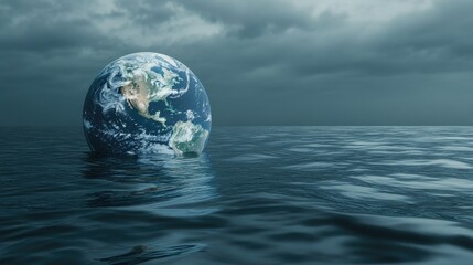 A partially submerged Earth, symbolizing the ongoing environmental crisis of sea level rise and flooding.