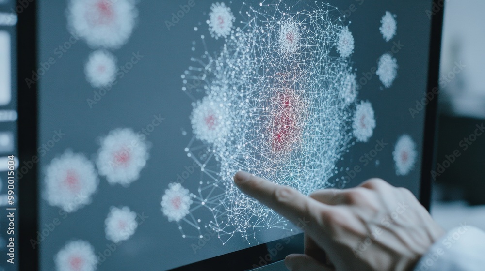 Poster male scientist operating ai-based system analyzing virus spread map on computer screen in modern lab