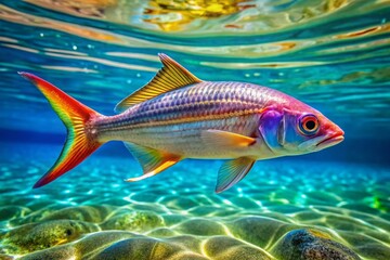 Naklejka premium Vibrant Ladyfish Swimming Gracefully in Clear Coastal Waters of Tropical Marine Environment