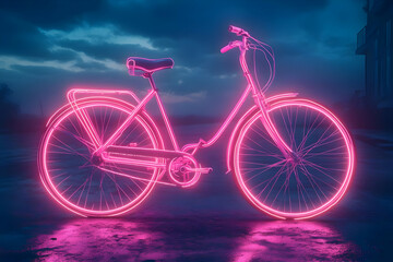 Fototapeta premium Pink Neon Bike Glows Brightly in a Dark Urban Setting
