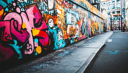 Obraz premium A graffiti-covered urban wall, showcasing vibrant colors, bold lines, and an edgy, artistic vibe
