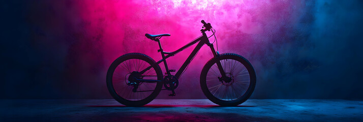 Black Mountain Bike Stands On Concrete Floor With Pink And Blue Lighting