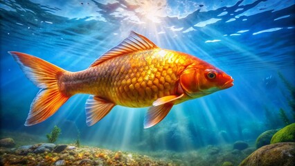 Fototapeta premium Vibrant Orange Carp Fish Swimming Gracefully in Clear Blue Water Under Bright Natural Lighting