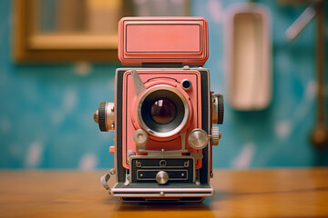 A close-up of a vintage red camera displayed on a wooden surface, with a blurred blue interior background adding a retro feel