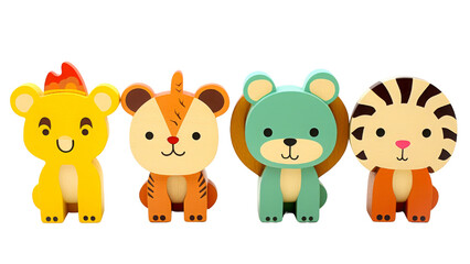 Naklejka premium A set of four colorful animal figurines, including a lion, tiger, bear, and another striped animal, lined up
