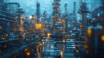 Naklejka premium A futuristic factory layout overlaid with digital data streams and holographic interfaces, symbolizing advanced manufacturing technology