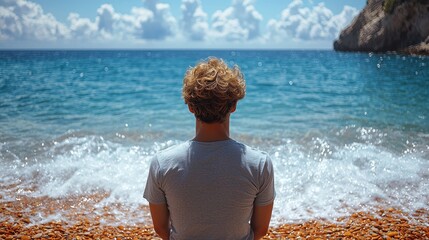 Man Contemplating the Ocean on a Pebble Beach