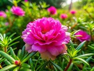 Obraz premium Vibrant Pink Moss Rose Blooming in Garden with Lush Green Background and Soft Natural Lighting