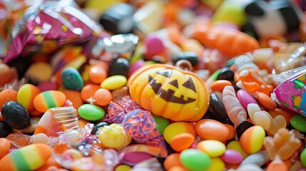 A pile of colorful Halloween candy scattered across a table, with candy wrappers and trick-or-treat bags.