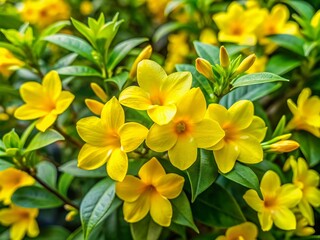 Obraz premium Vibrant Primrose Jasmine Plant with Lush Green Leaves and Bright Yellow Flowers in Natural Light