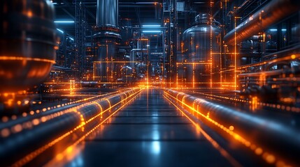 Fototapeta premium An abstract, digital background representing a smart factory, with bright lines of data connecting various technological elements