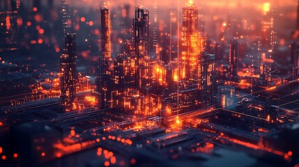 Obraz premium An intricate design featuring digital elements representing a smart factory, with lines of data flow connecting various points on a dark background