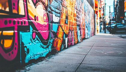 Obraz premium A graffiti-covered urban wall, showcasing vibrant colors, bold lines, and an edgy, artistic vibe
