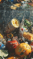 Food Waste Submerged Underwater with Bubbles Creates Environmental Impact.